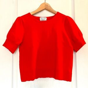 Rachel Zoe Red 100% Extra Fine Merino Wool Puff Sleeve Knit Top, XL Office Siren